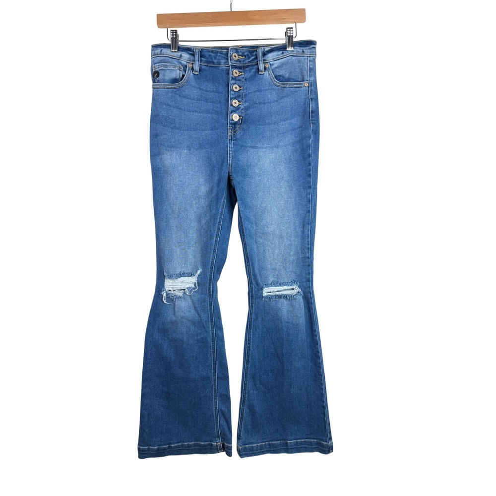 KanCan Sian High Rise Button Fly Distressed Flare Jeans size 29 Petite Blue